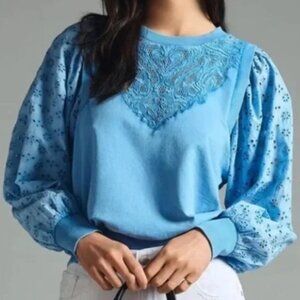 Anthropologie PILCRO Washed Blue Eyelet Lace Pullover Sweatshirt sz S